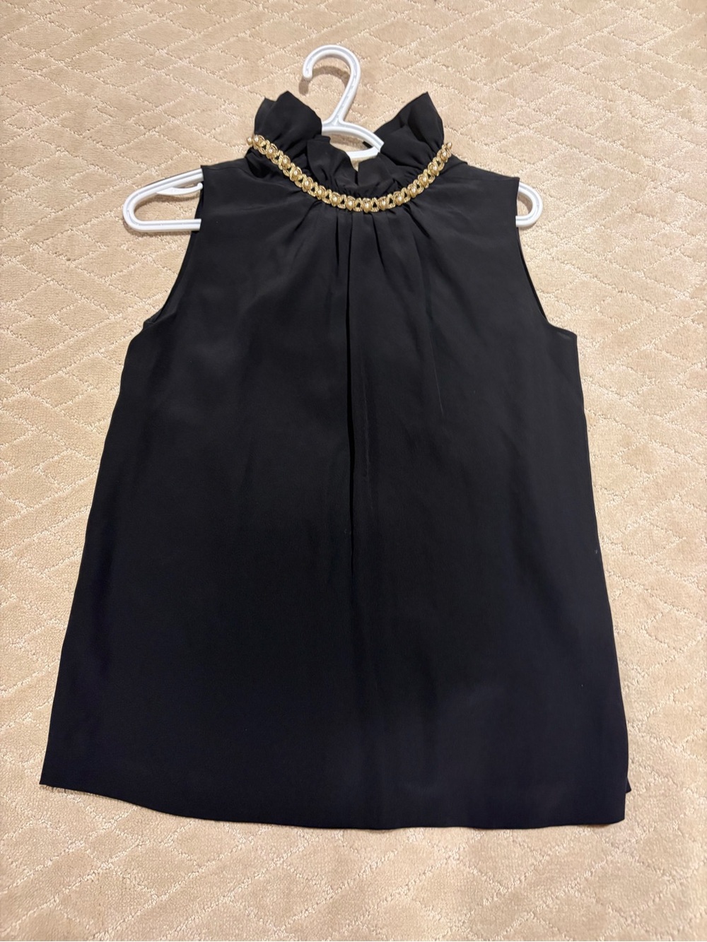 MOSCHINO Black Sleeveless Ruffled Neck Top with Gold Trim